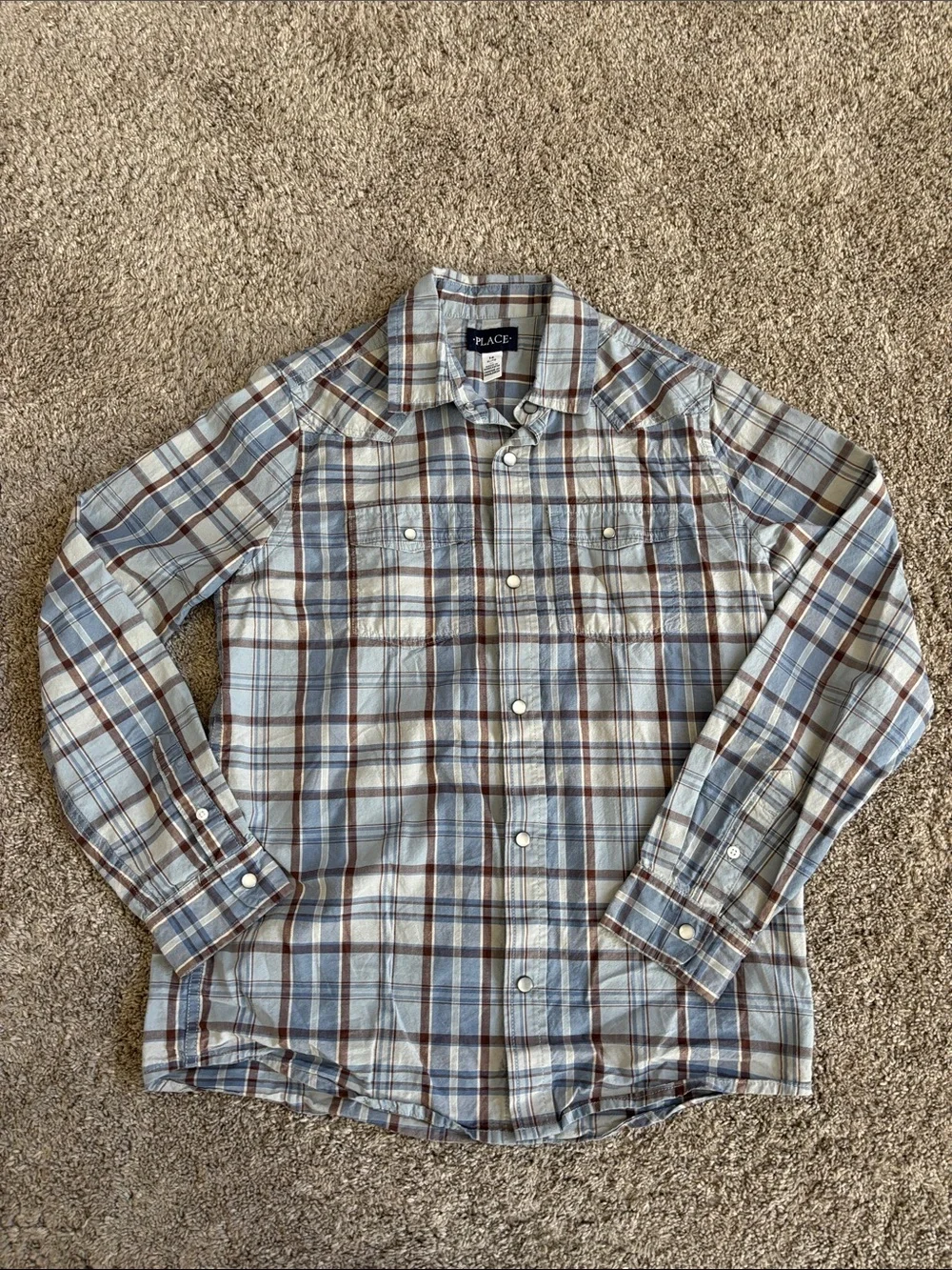 The Children's Place Light Blue and Brown Plaid Button-Down Shirt